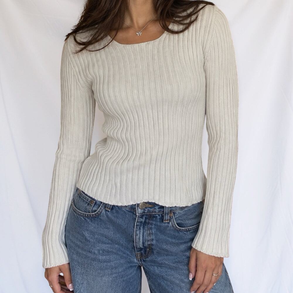 Vintage The Limited White 100% Cotton Ribbed Scoop Neck Sweater Size Medium